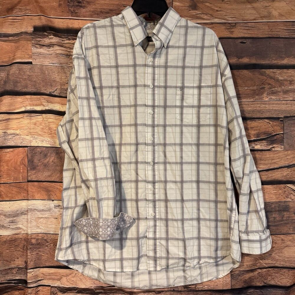 Stetson Shirt Mens 2XL XXL White Plaid Long Sleeve Contrast Cuff Western Cotton